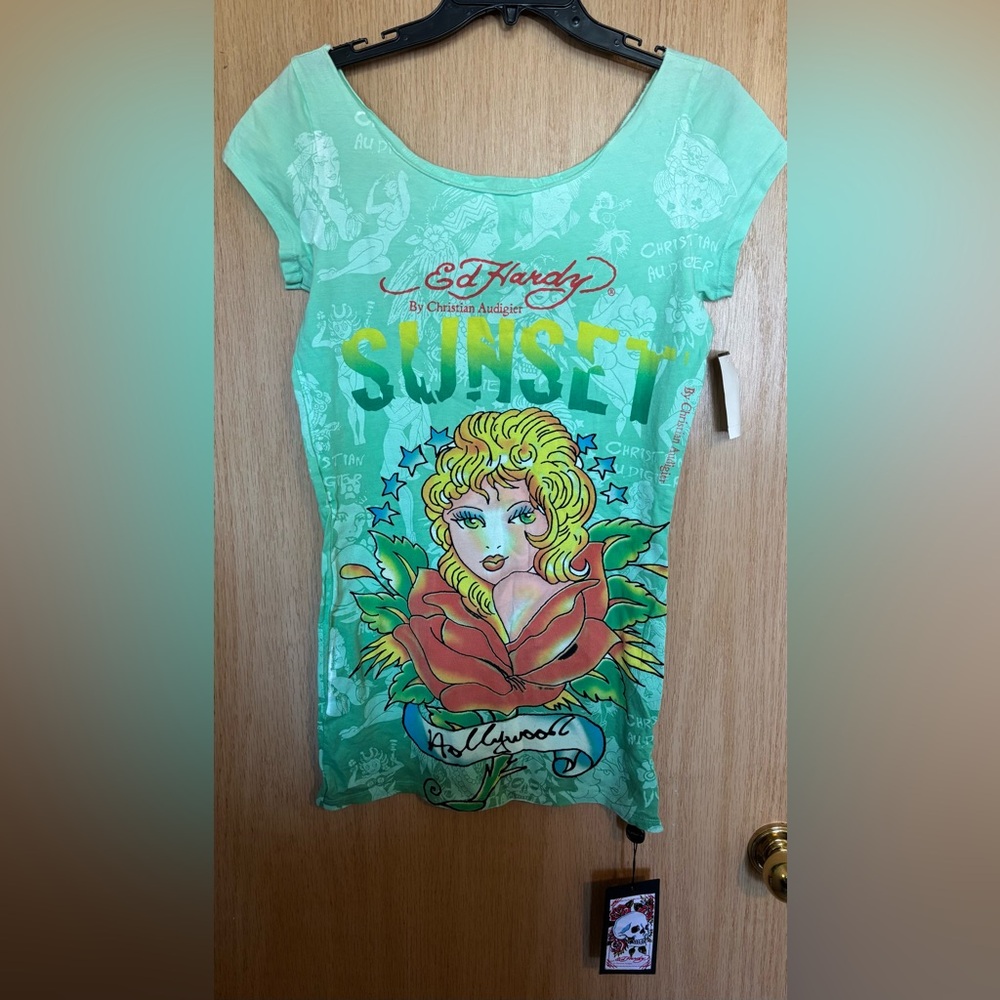Ed Hardy by Christian Audigier Green Graphic Women's Tee Top